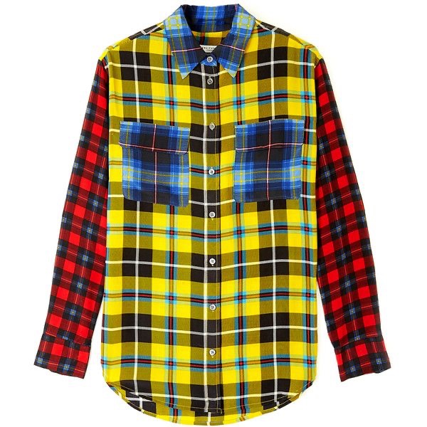 Equipment Silk Button Down Blouse Mixed Plaid Size Small Red Blue Yellow